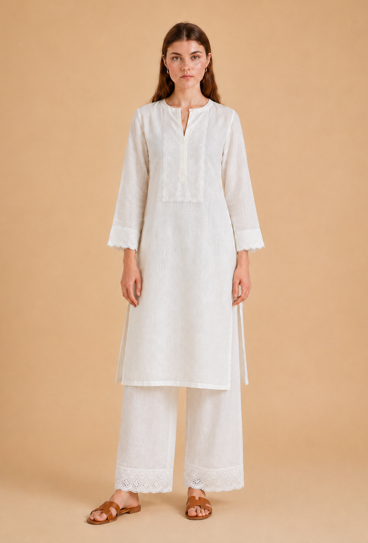 Set of 2: White Cotton Embroidered Kurta & Palazzo クルタ XL・パラッツォ M