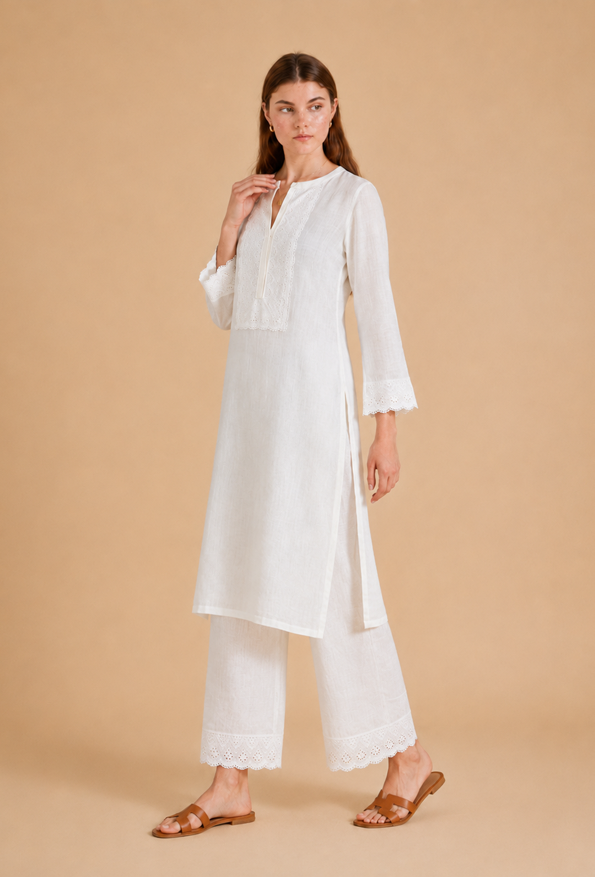 Set of 2: White Cotton Embroidered Kurta & Palazzo クルタ XL・パラッツォ XXXL