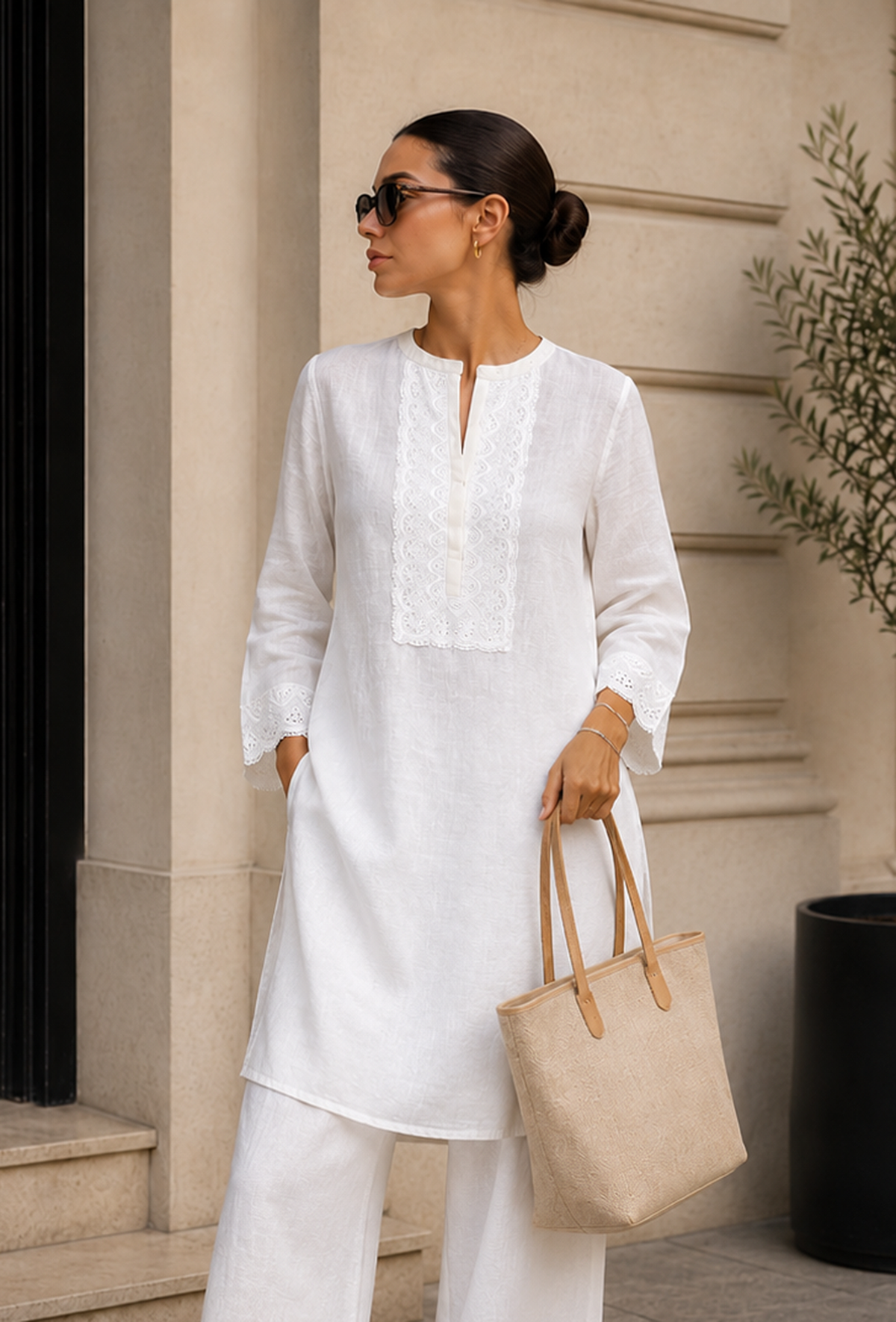 White Embroidered Cotton Kurta サイズ L