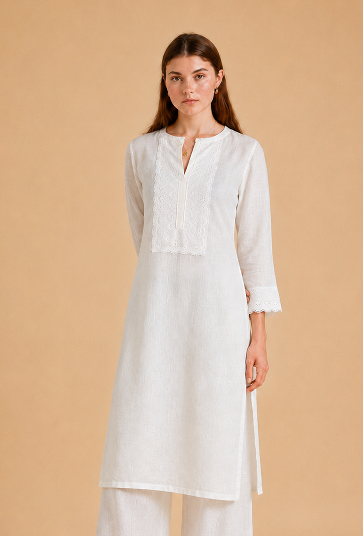 White Embroidered Cotton Kurta サイズ XXXL