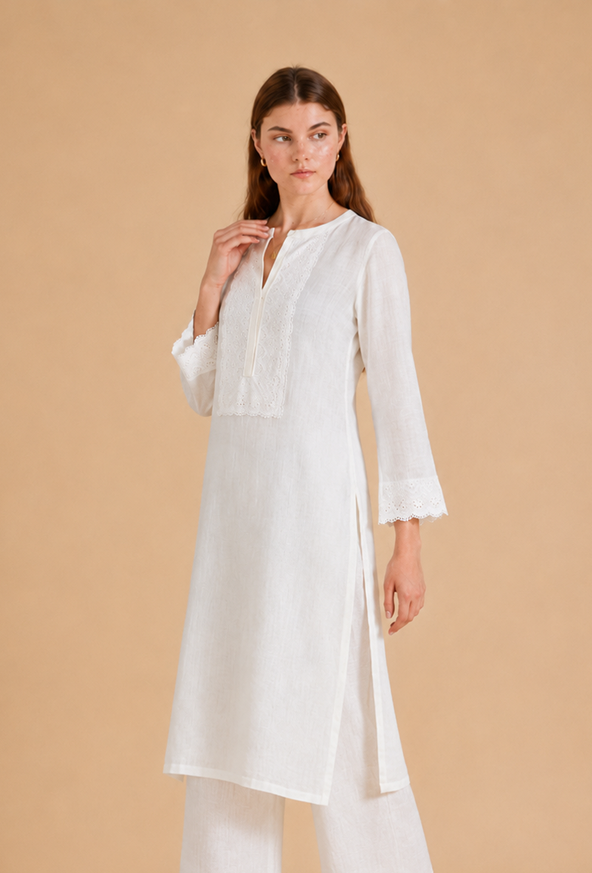 White Embroidered Cotton Kurta サイズ M