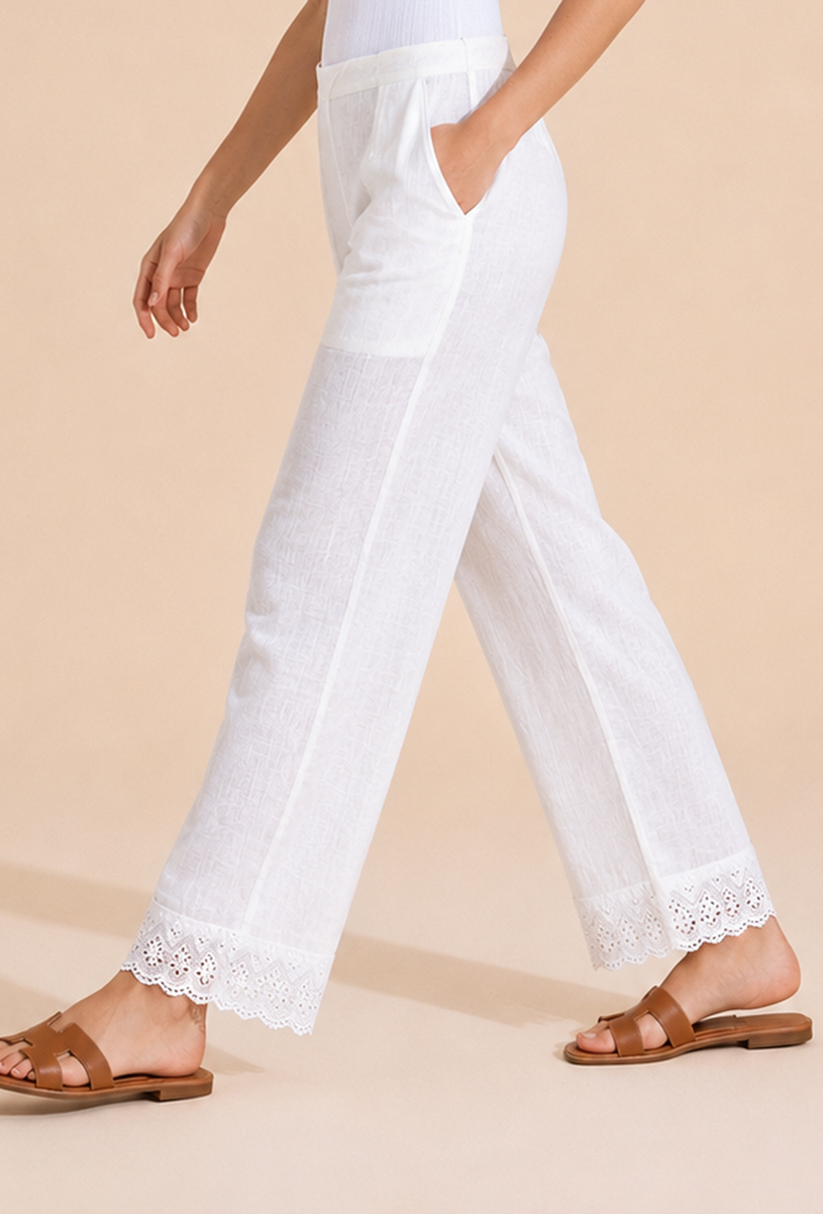 White Embroidered Cotton Palazzo Pants サイズ S