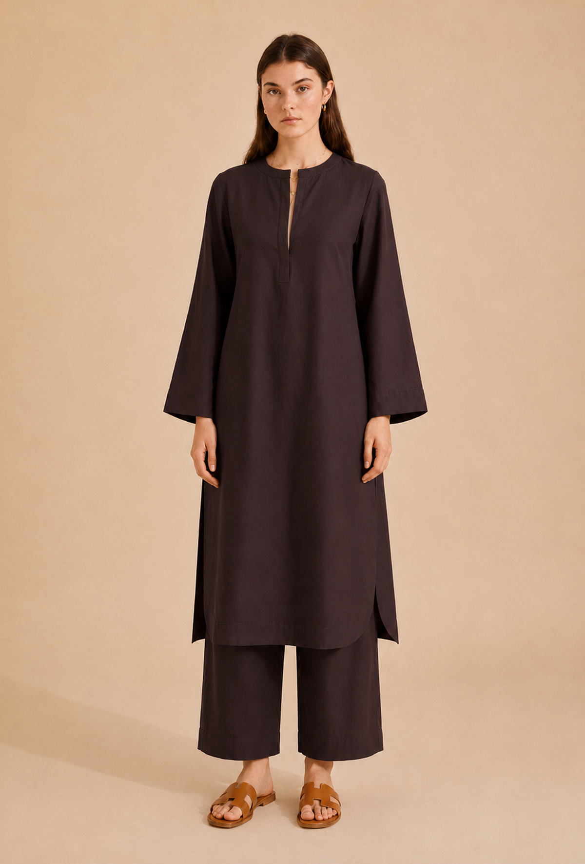 Set of 2: Brown Cotton Kurta & Palazzo クルタ XXXL・パンツ XS
