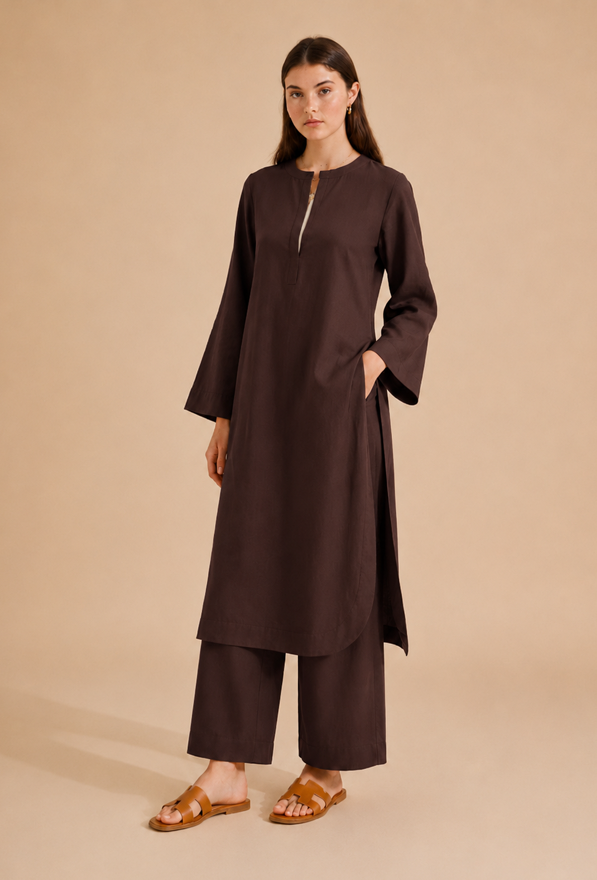 Set of 2: Brown Cotton Kurta & Palazzo クルタ M・パンツ M