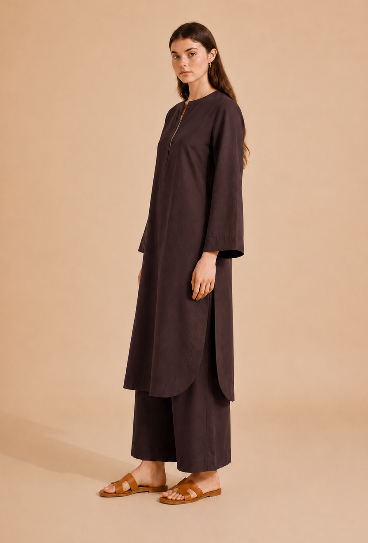 Set of 2: Brown Cotton Kurta & Palazzo クルタ XXXL・パンツ L