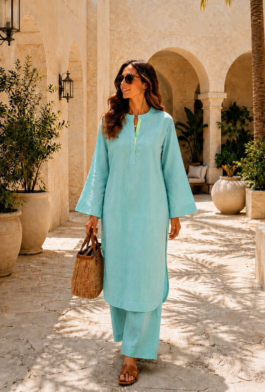 Set of 2: Aqua Blue Cotton Kurta & Palazzo クルタ M・パンツ M