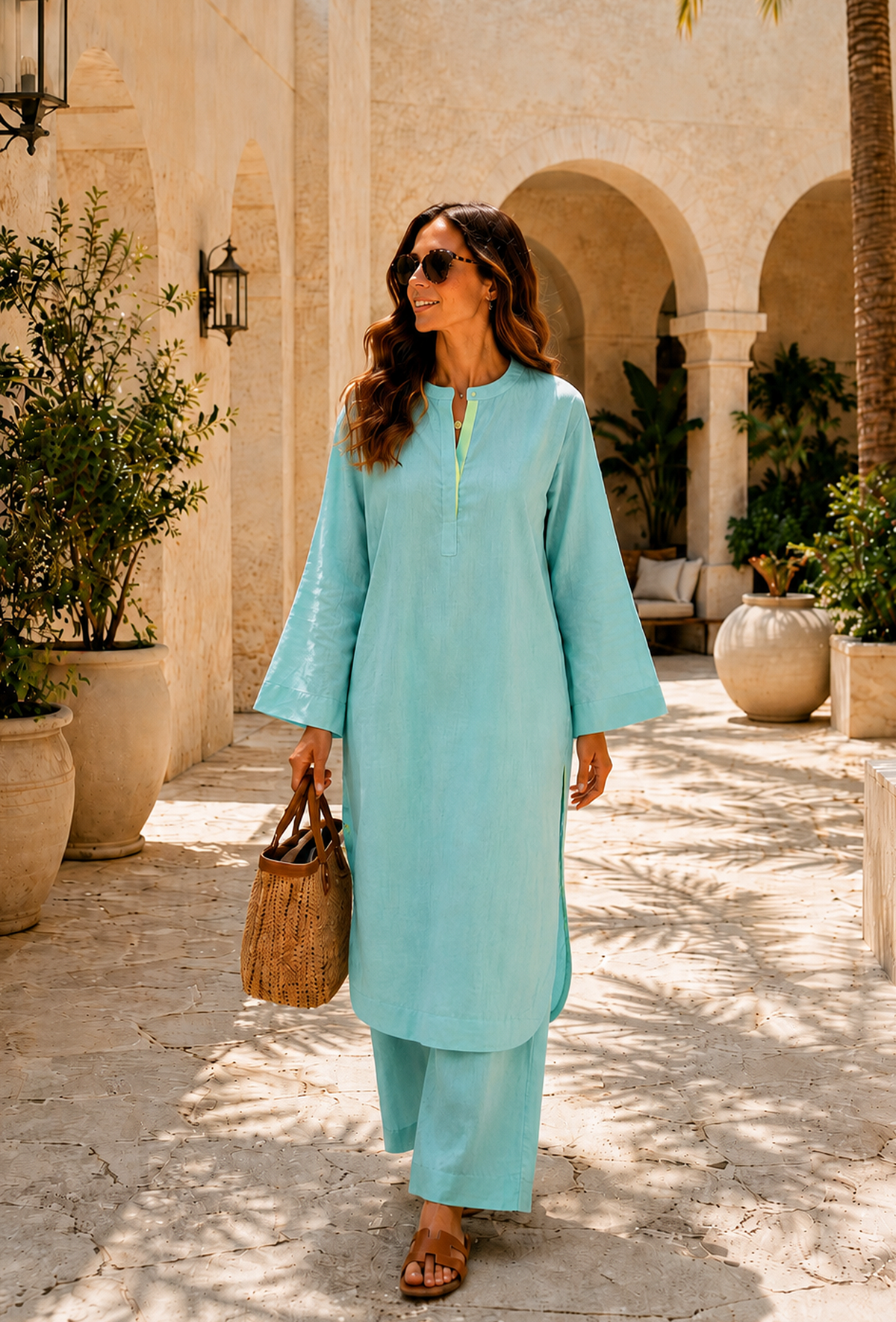 Set of 2: Aqua Blue Cotton Kurta & Palazzo クルタ XS・パンツ XXXL