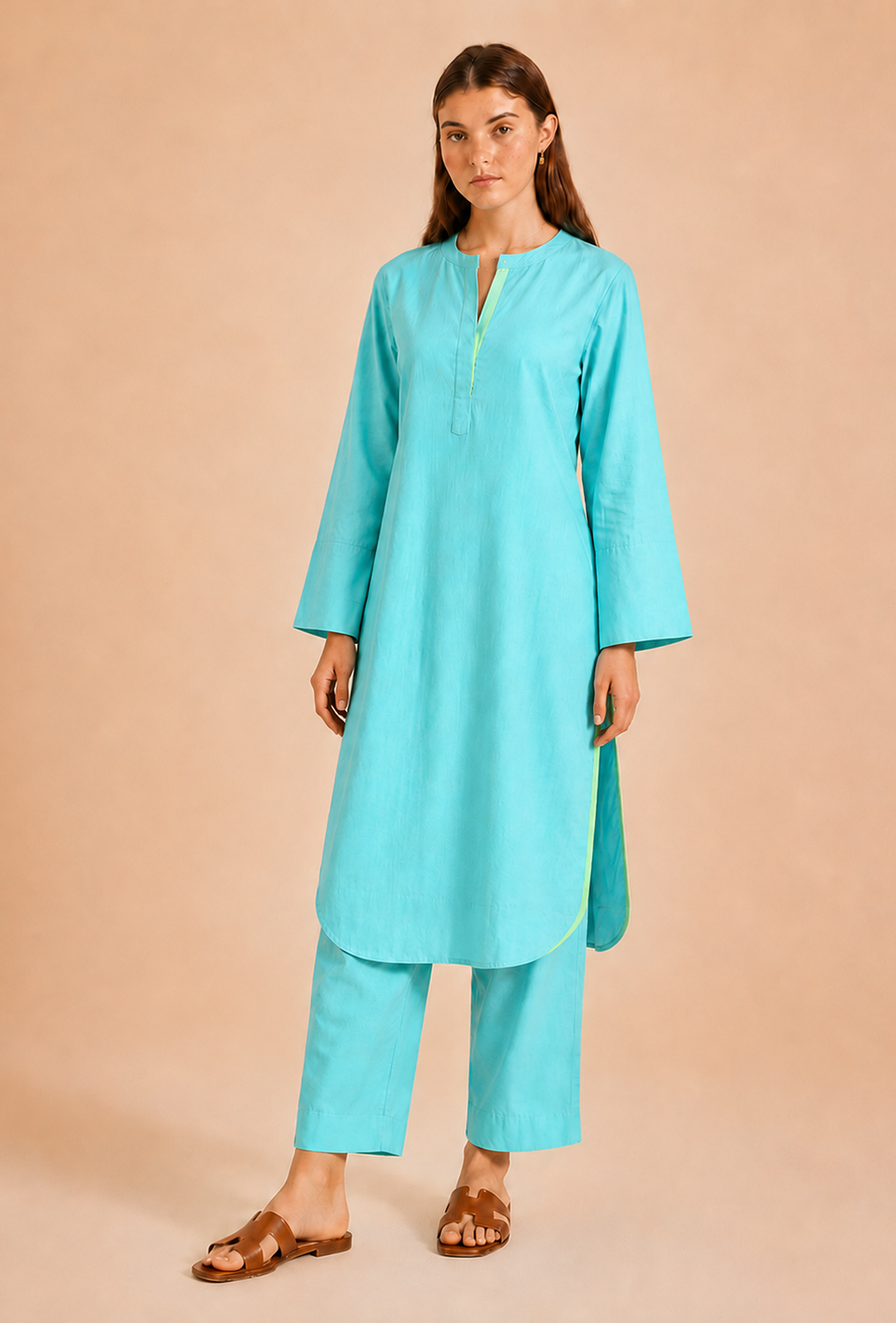 Set of 2: Aqua Blue Cotton Kurta & Palazzo クルタ L・パンツ M