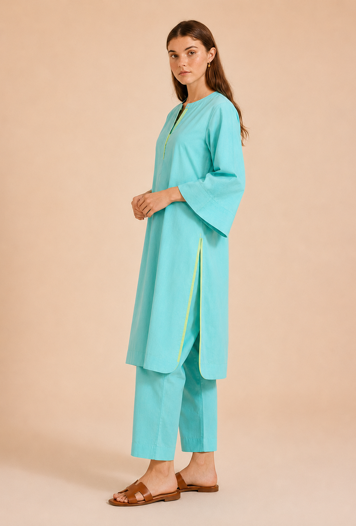 Set of 2: Aqua Blue Cotton Kurta & Palazzo クルタ M・パンツ S
