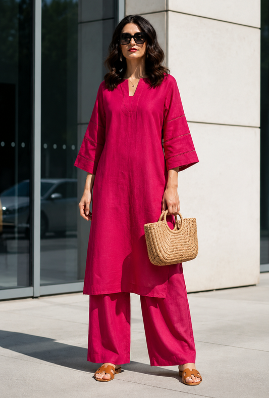 Set of 2: Fuchsia Pink Cotton Kurta & Palazzo クルタ M・パンツ M