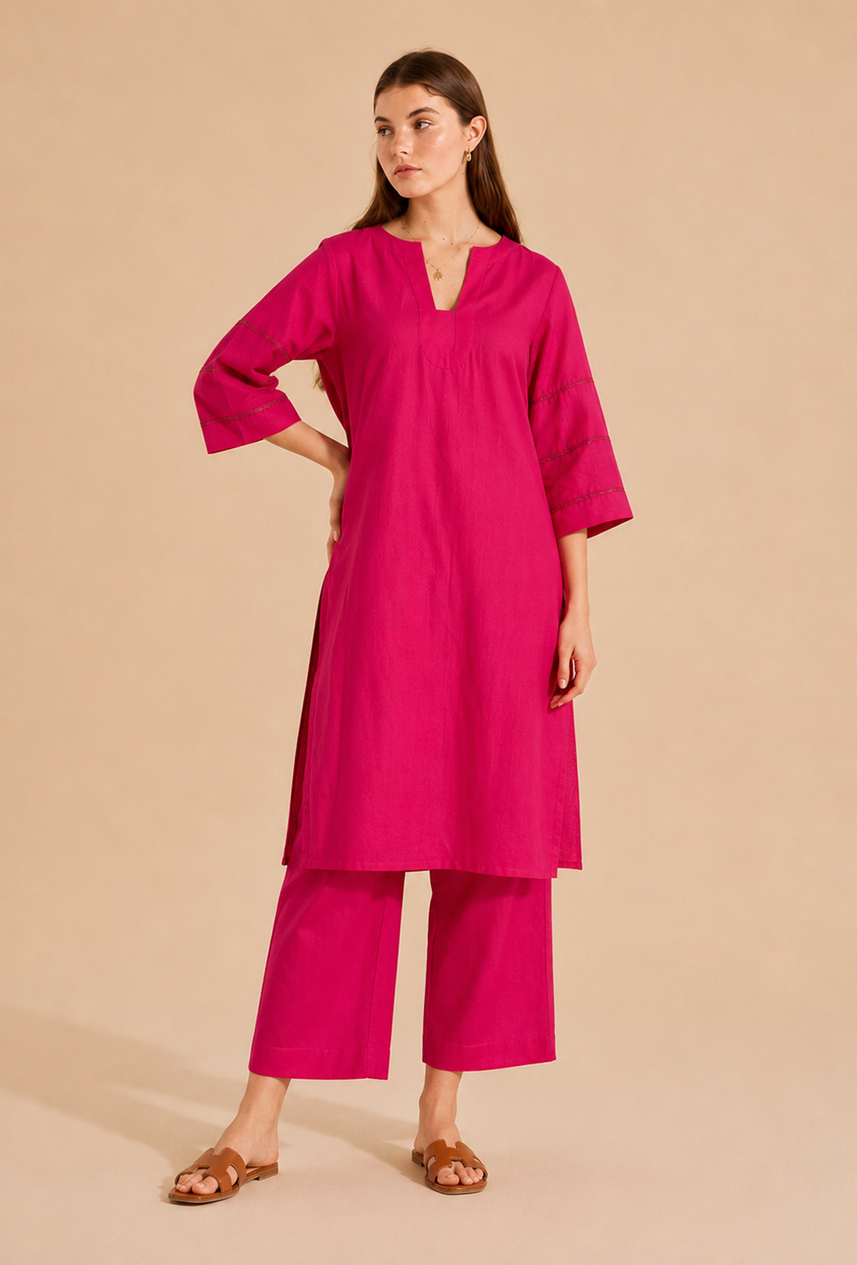 Set of 2: Fuchsia Pink Cotton Kurta & Palazzo クルタ S・パンツ XXL