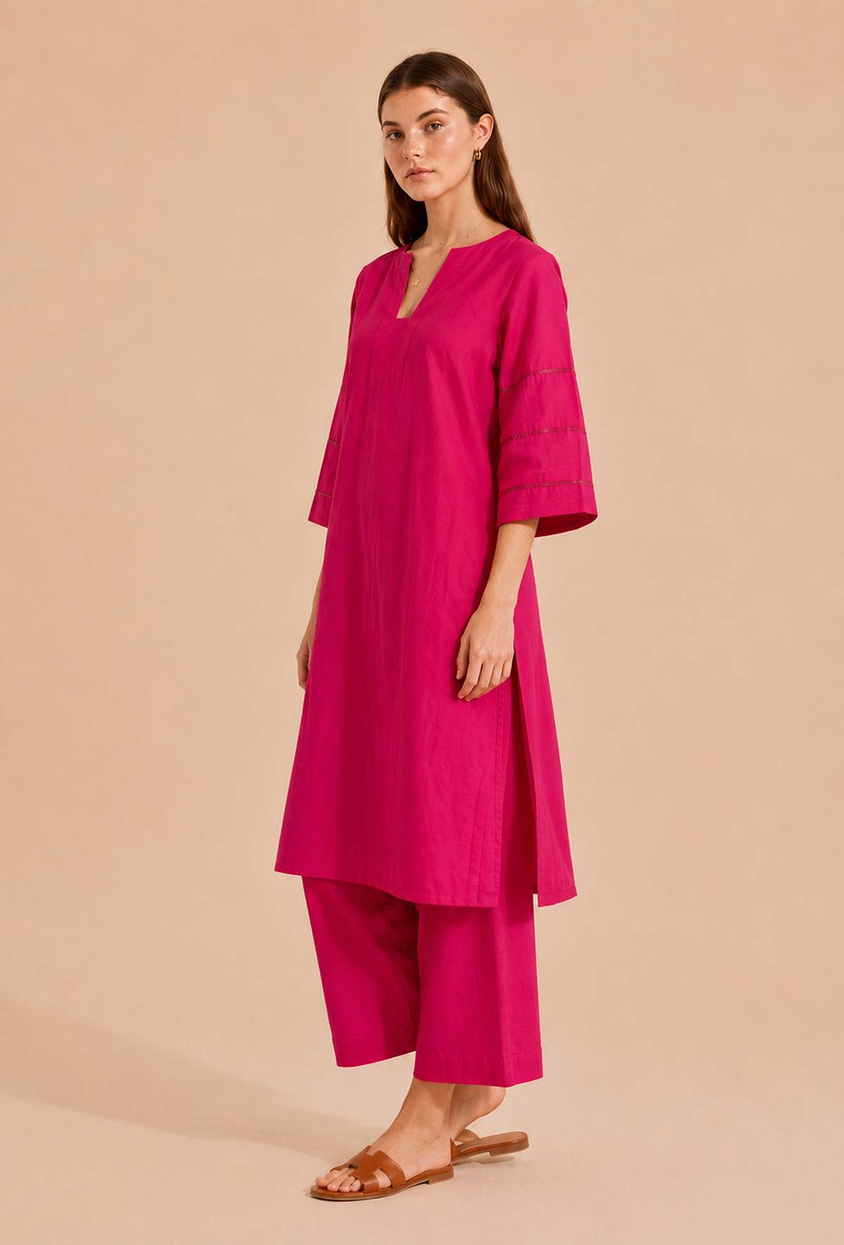 Set of 2: Fuchsia Pink Cotton Kurta & Palazzo クルタ M・パンツ M