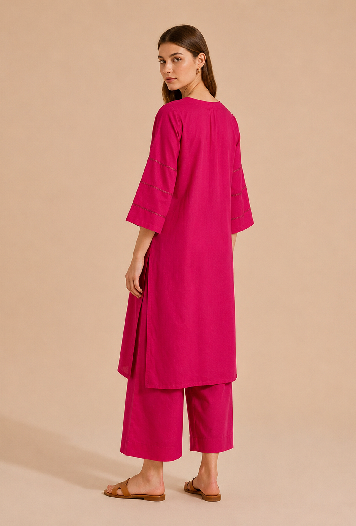 Set of 2: Fuchsia Pink Cotton Kurta & Palazzo クルタ XS・パンツ S