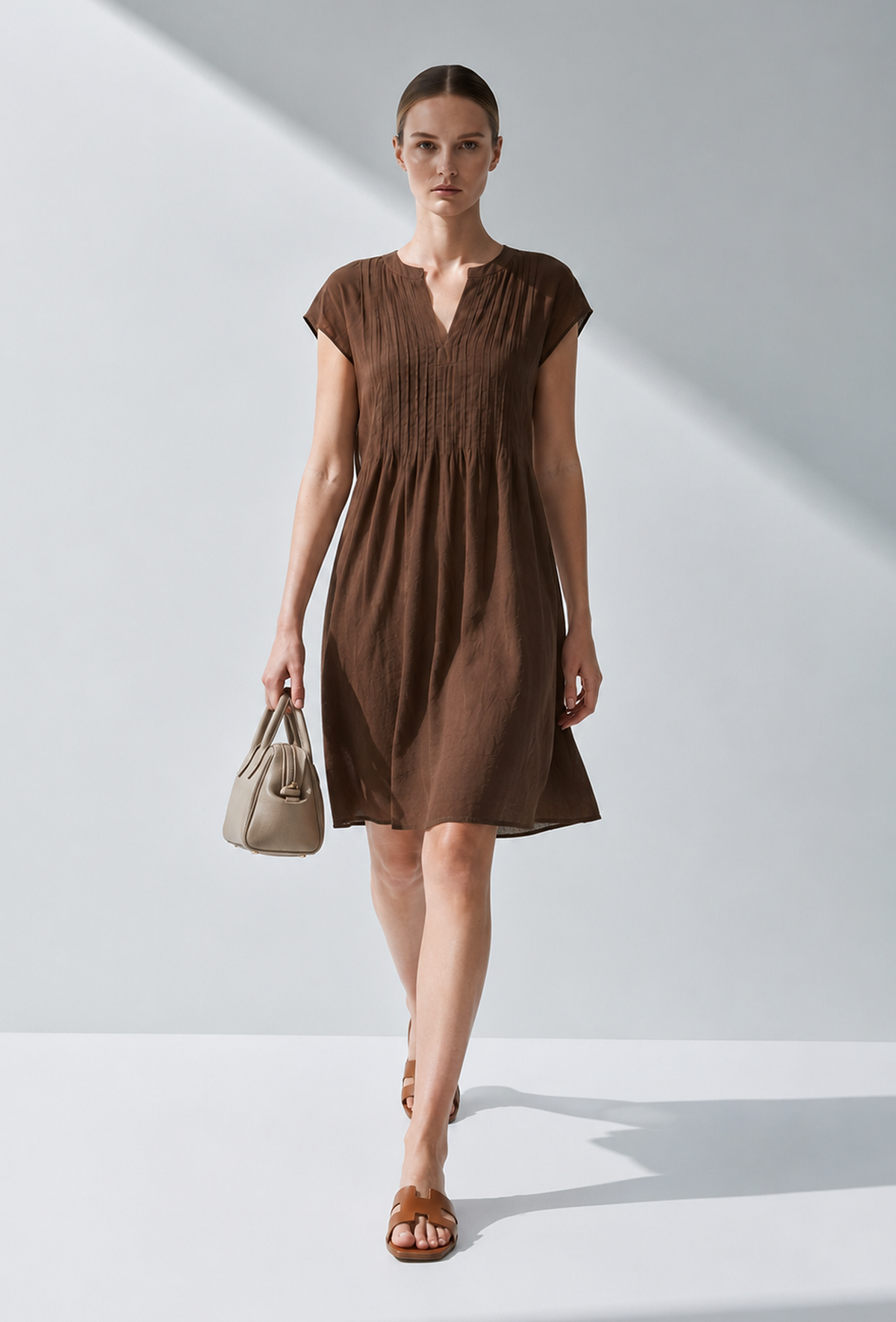 Chocolate Brown Pintuck Cotton Dress サイズ XS