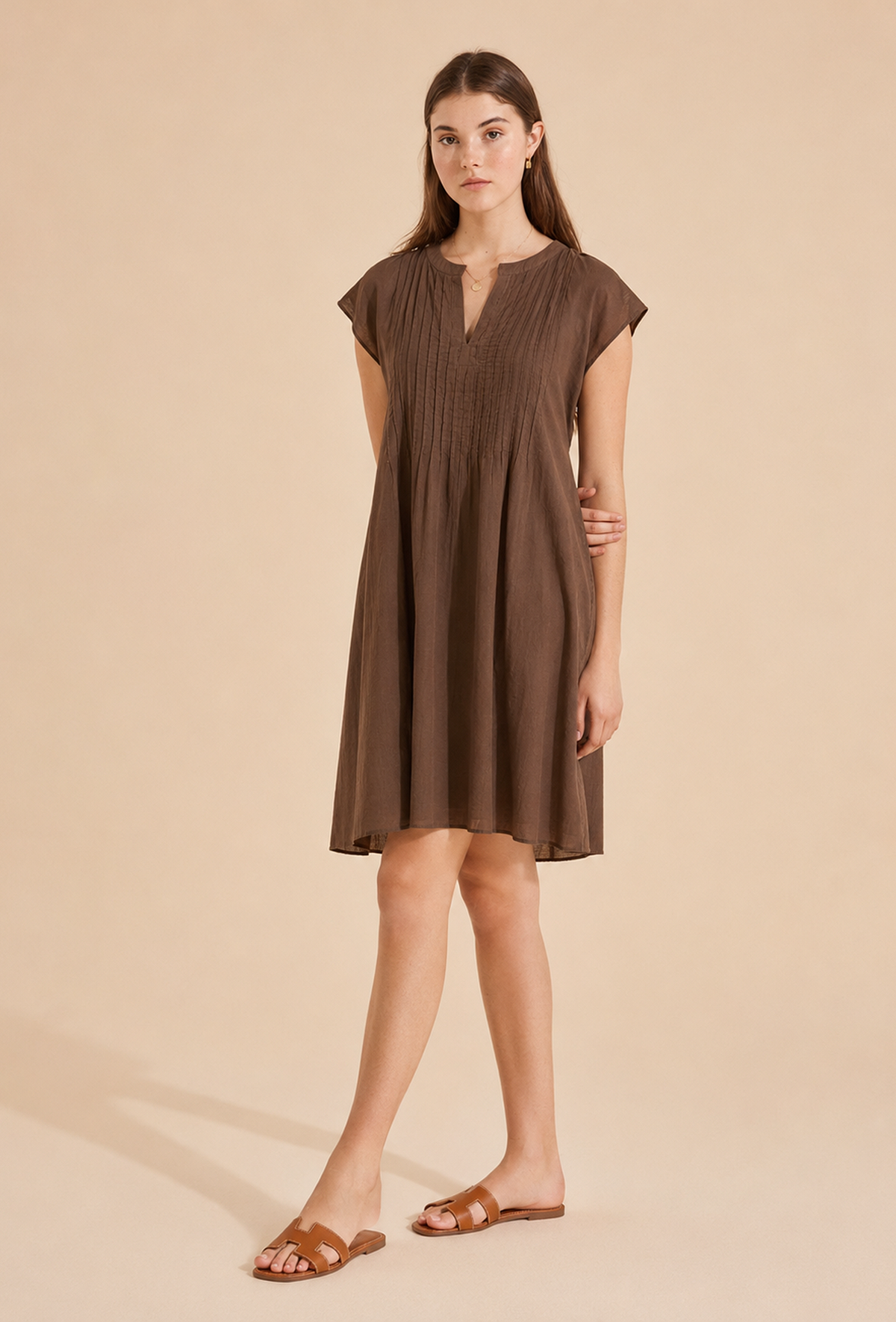 Chocolate Brown Pintuck Cotton Dress サイズ L