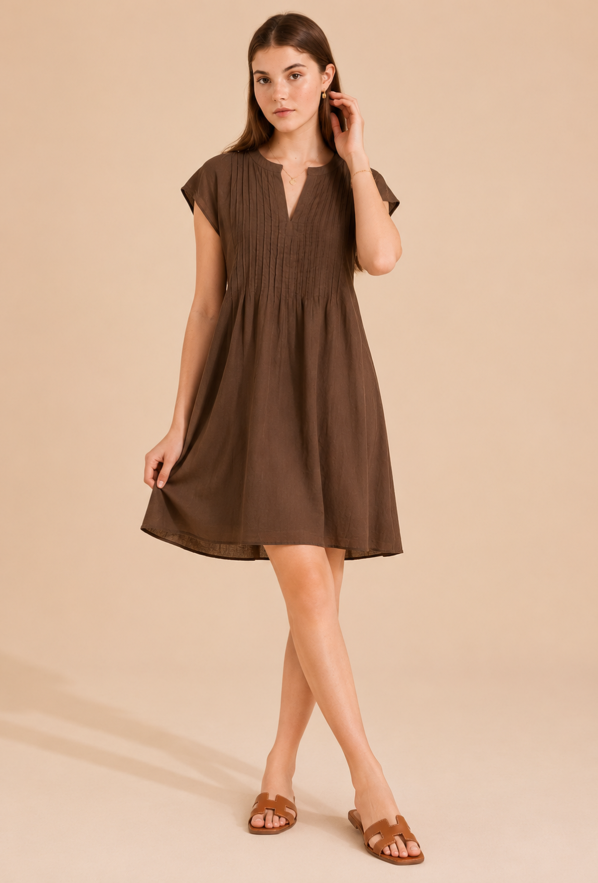 Chocolate Brown Pintuck Cotton Dress サイズ M