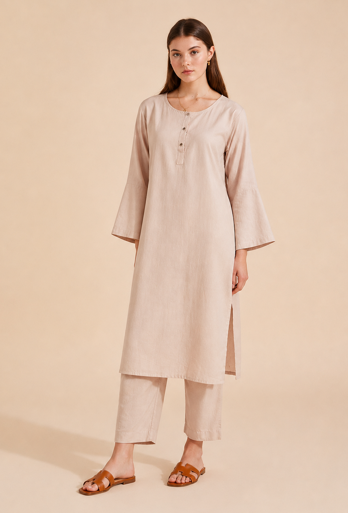 Set of 2: Beige Cotton Kurta & Straight Pants クルタ L・パンツ S
