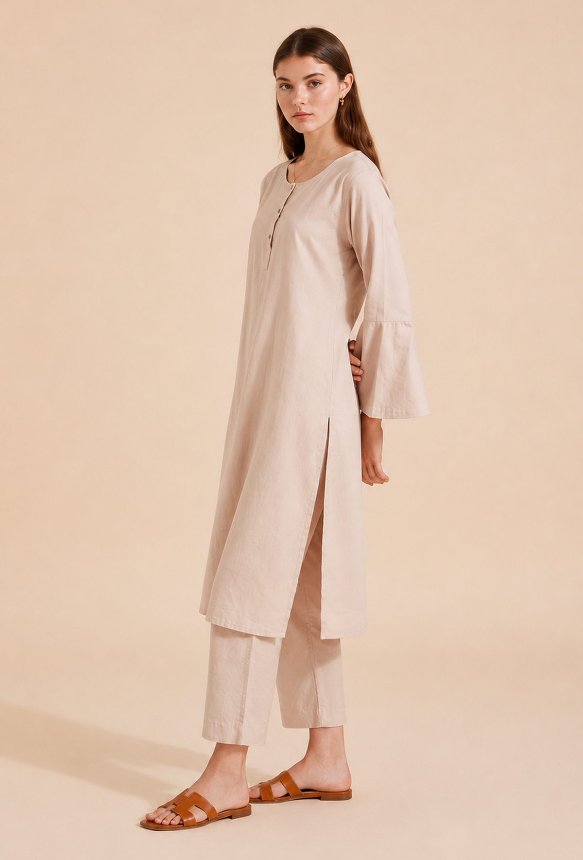 Set of 2: Beige Cotton Kurta & Straight Pants クルタ S・パンツ XXL