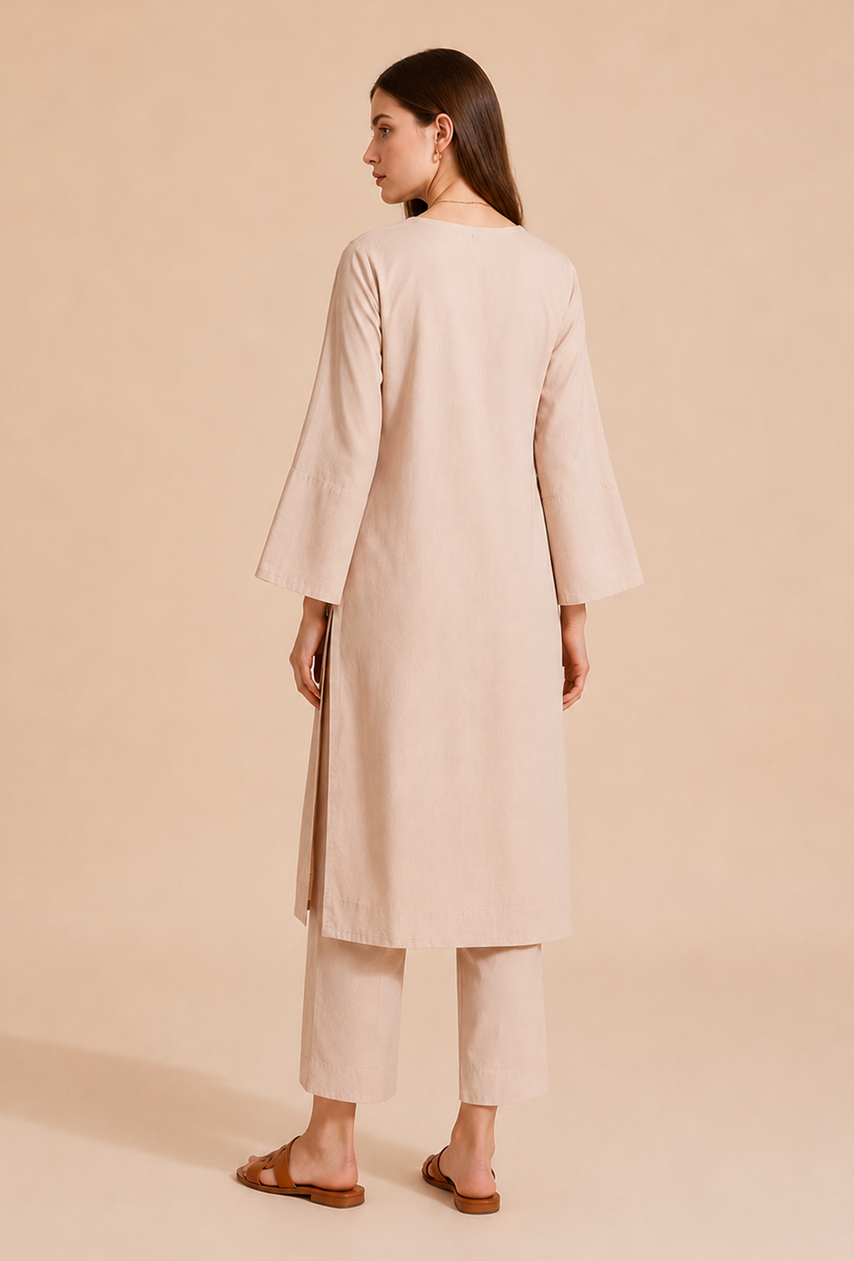 Set of 2: Beige Cotton Kurta & Straight Pants クルタ XXL・パンツ S