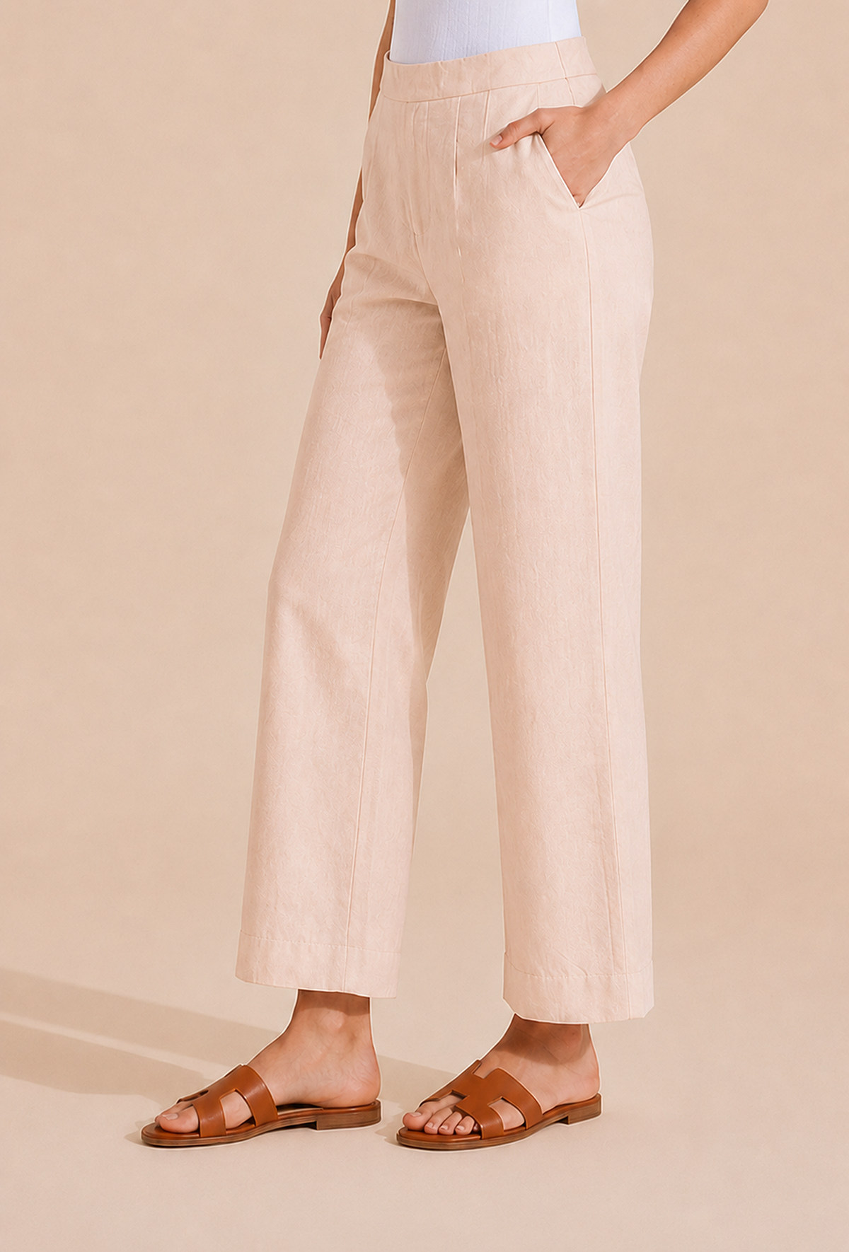 Beige Straight-Fit Cotton Pants サイズ L