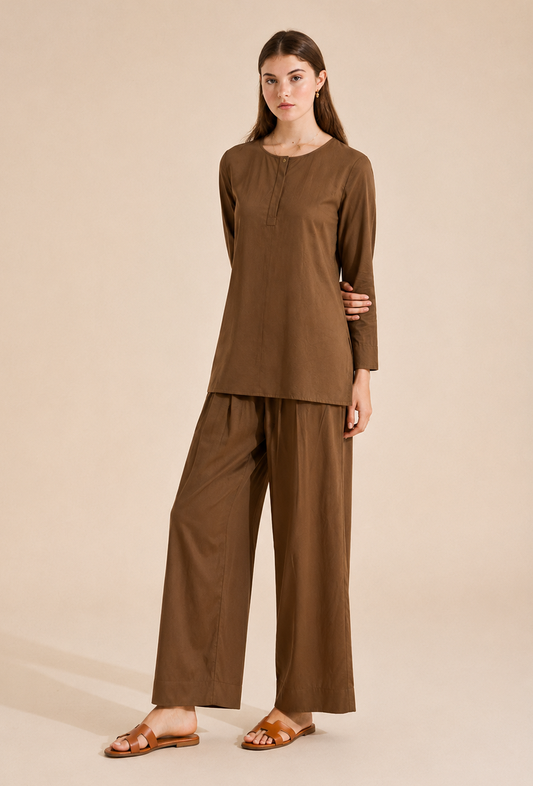 Set of 2: Mocha Brown Cotton Kurta & Palazzo クルタ M・パンツ M
