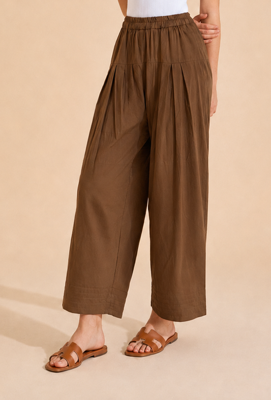 Mocha Brown Pleated Wide-Leg Cotton Pants サイズ M