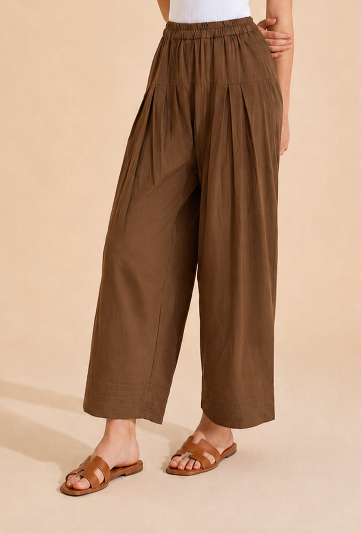 Mocha Brown Pleated Wide-Leg Cotton Pants サイズ XL