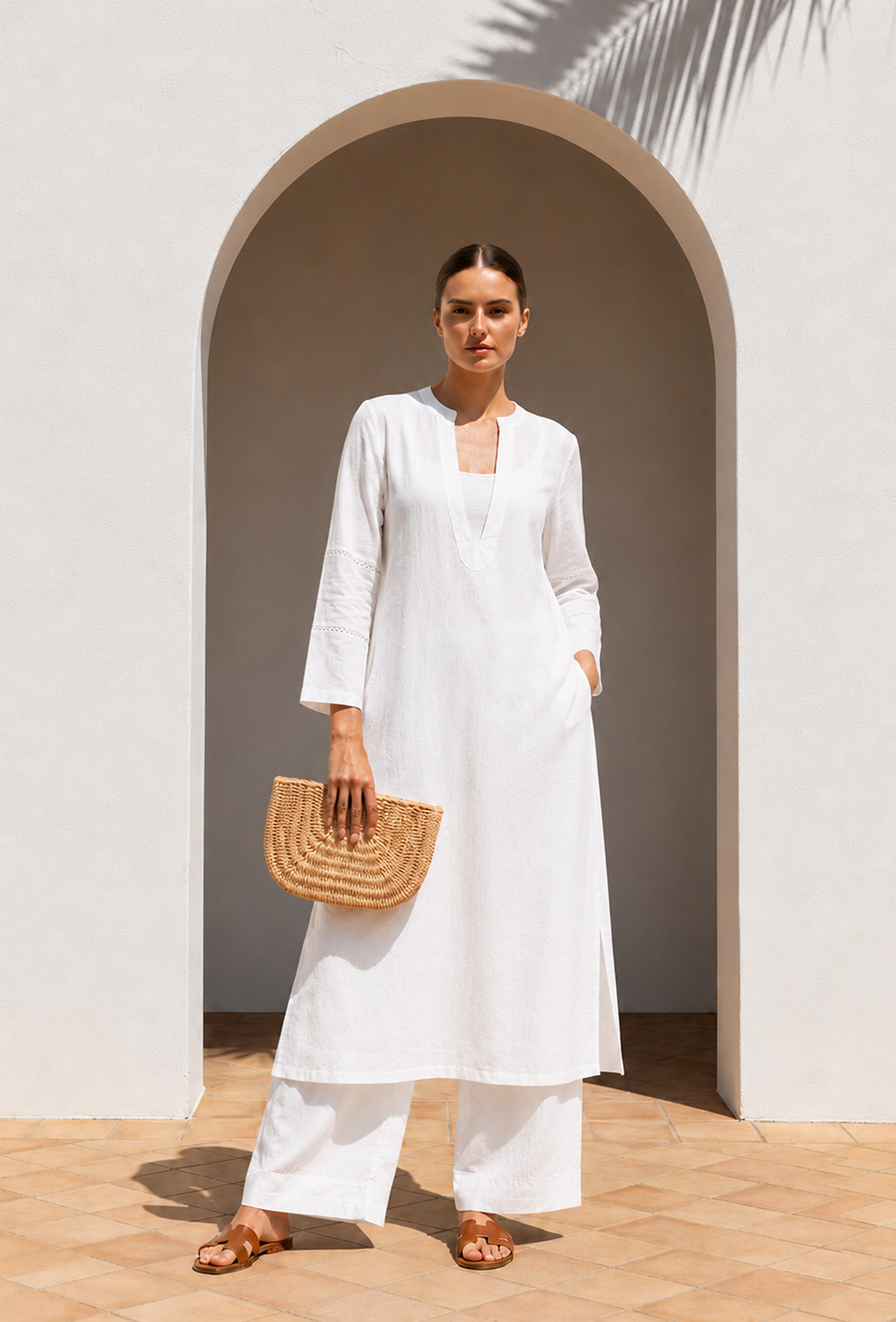 Set of 2: Ivory Essence Straight Kurta & Palazzo クルタ XS・パラッツォ S