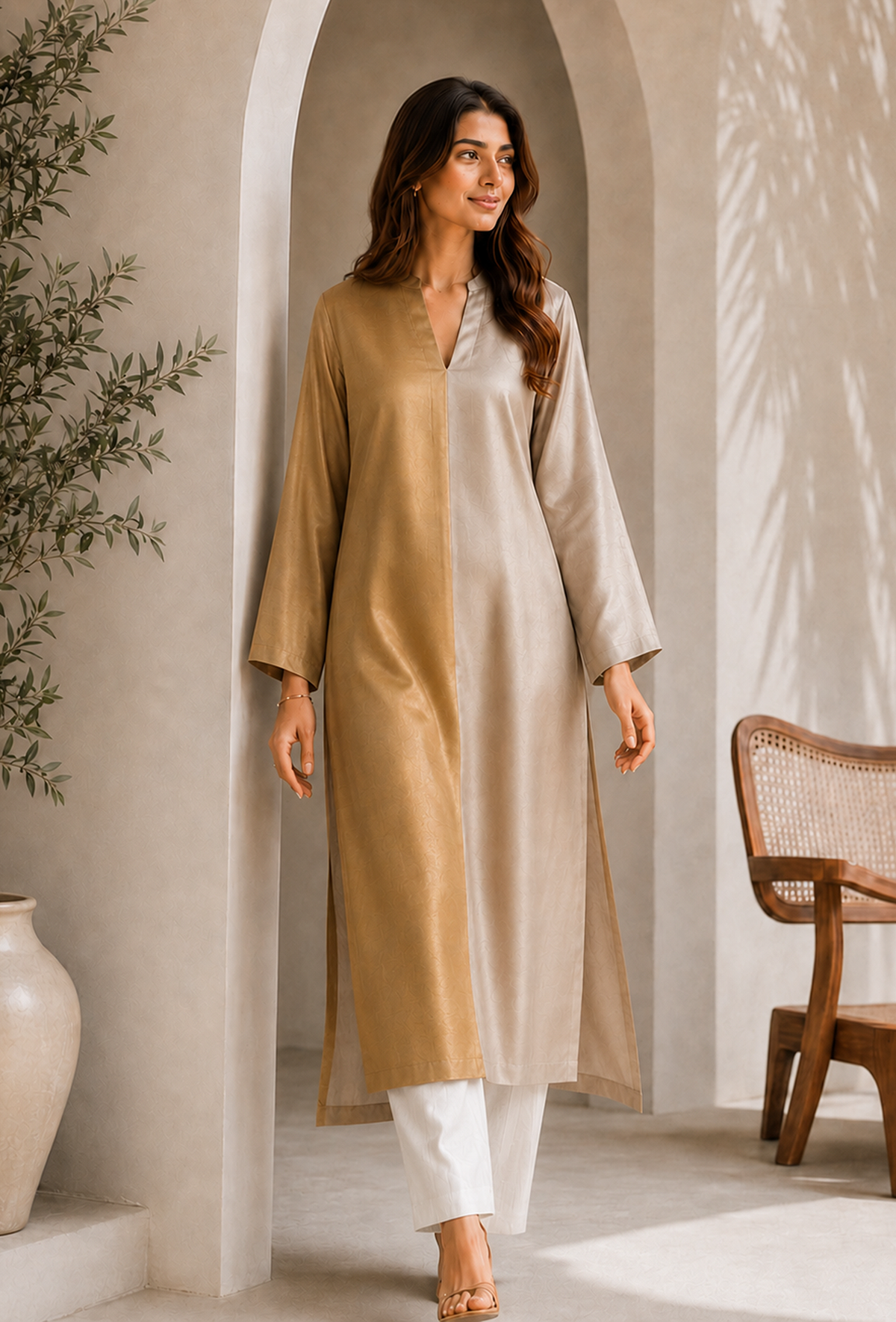 Set of 2: Dual Tone Tissue Silk Kurta & Chanderi Pant クルタ XS・パンツ XS