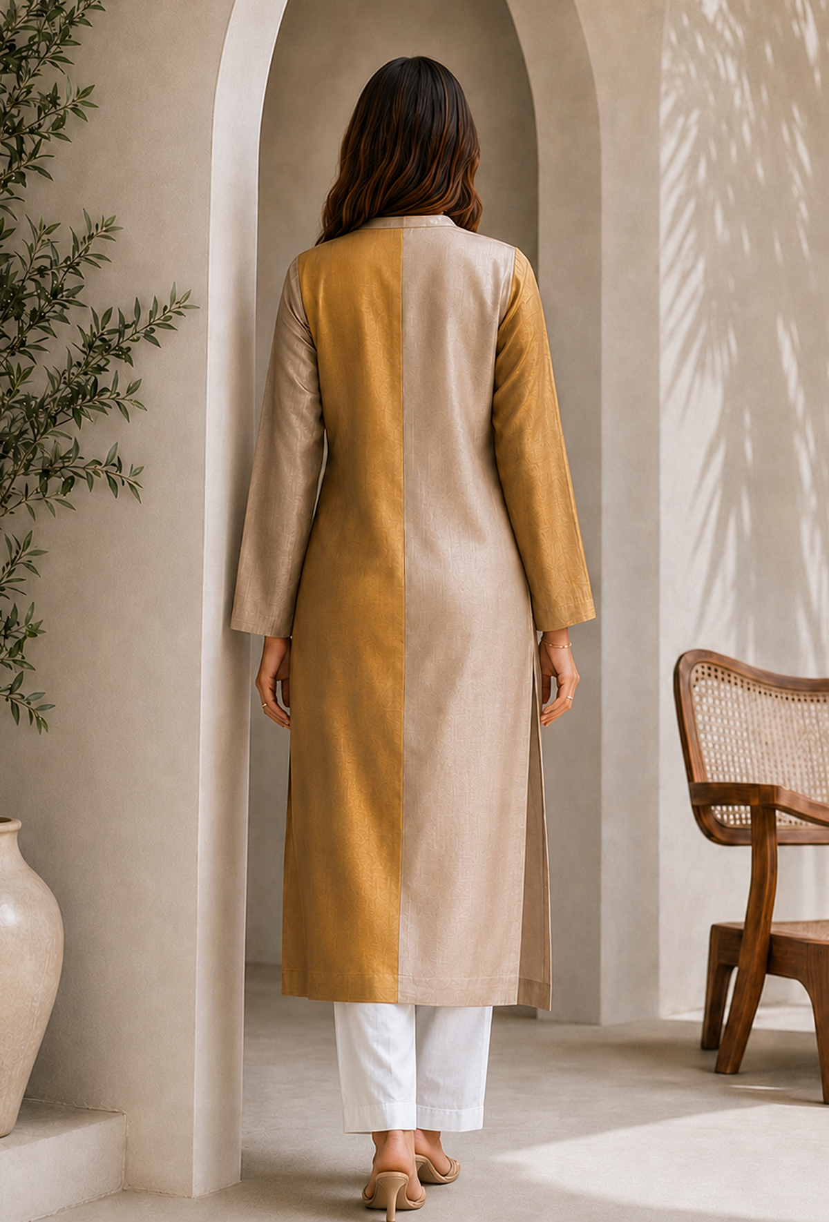 Set of 2: Dual Tone Tissue Silk Kurta & Chanderi Pant クルタ L・パンツ XS