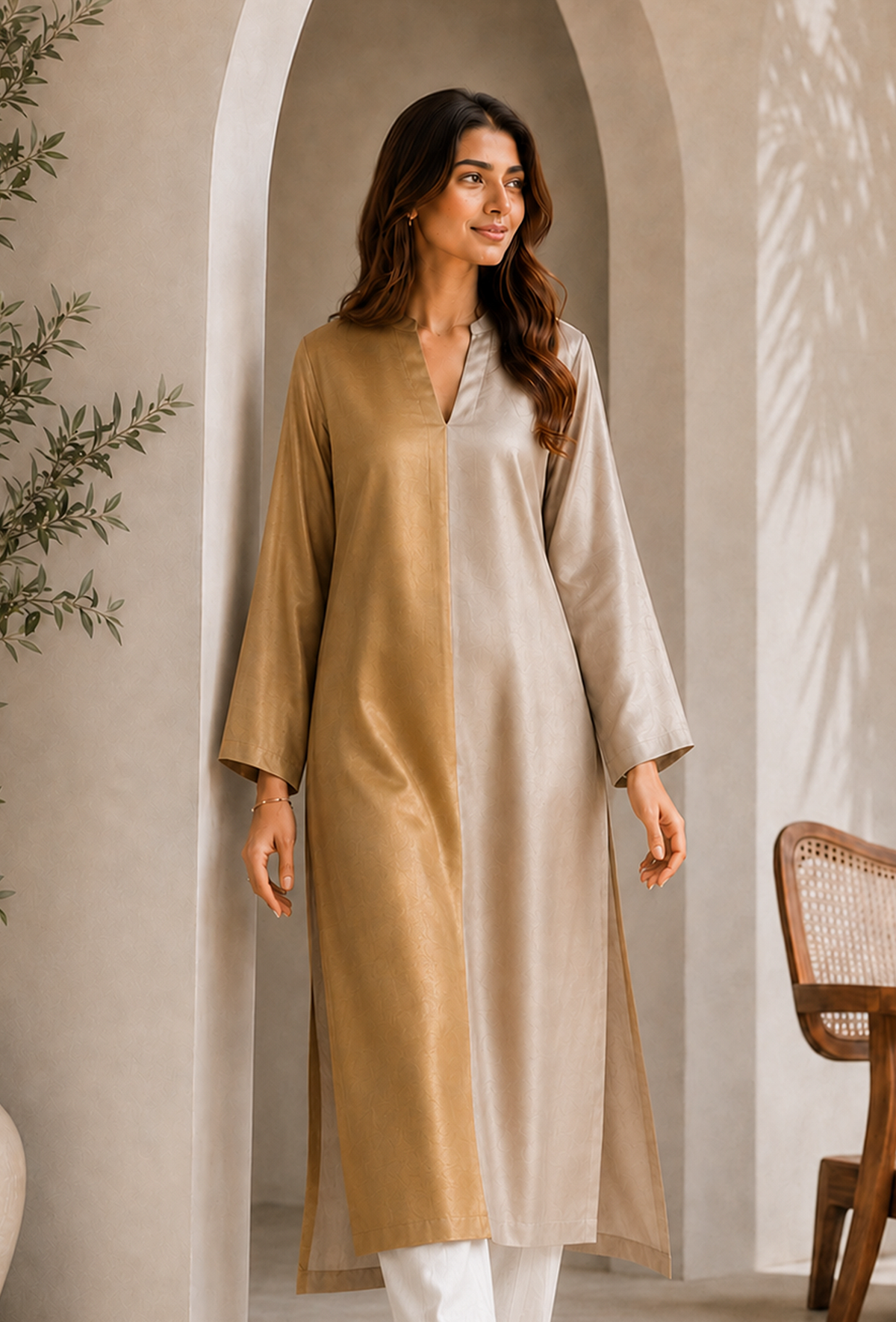 Golden Beige Textured Tissue Silk Straight Kurta サイズ XS