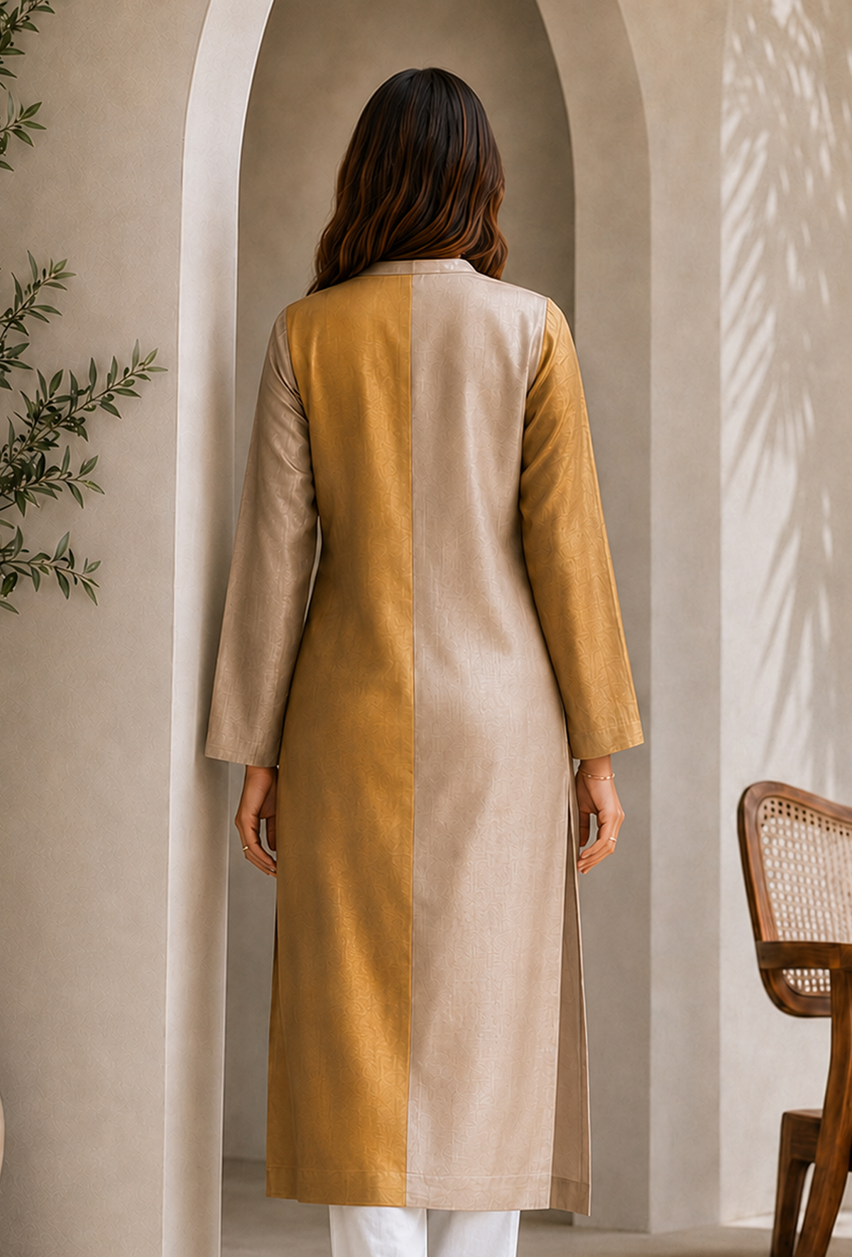 Golden Beige Textured Tissue Silk Straight Kurta サイズ S