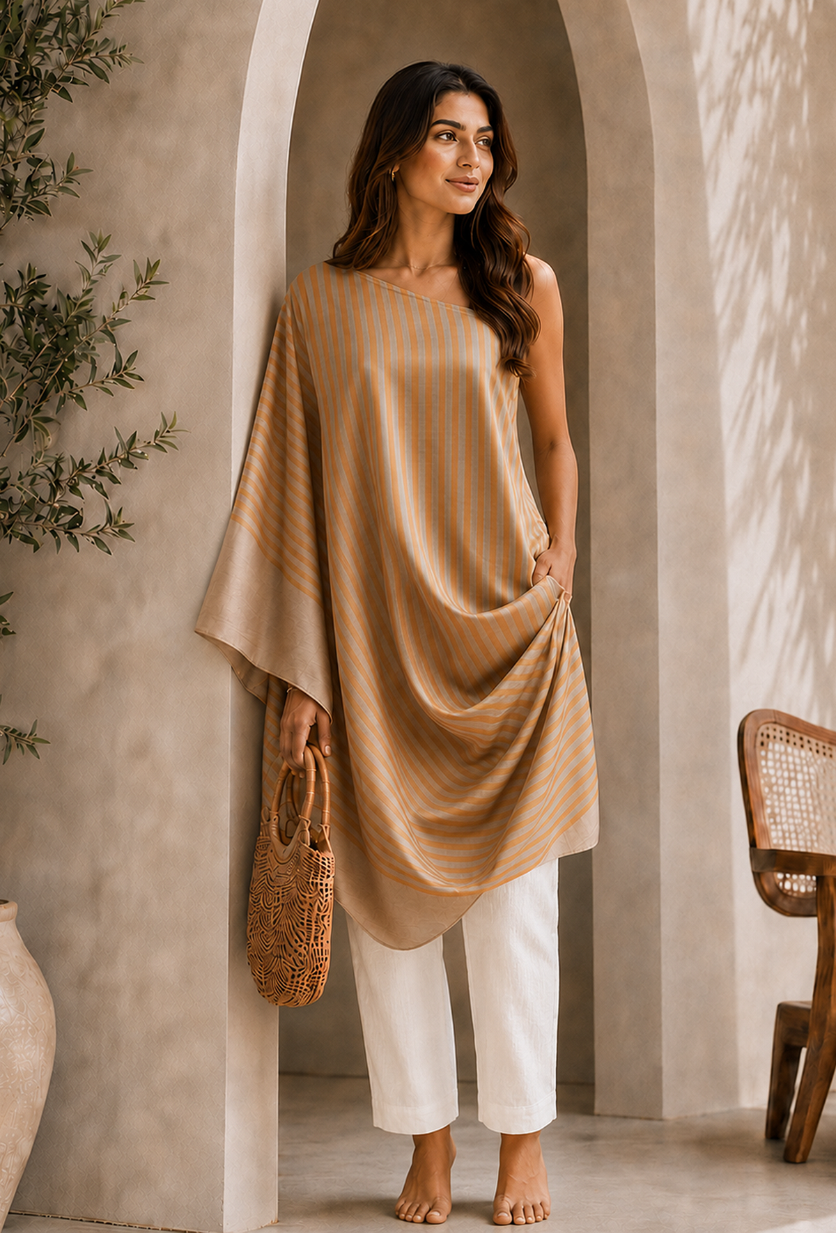 Set of 2: Golden Beige Striped Tissue Silk Draped Tunic with Soft White Chanderi Pants クルタ M・パンツ XS