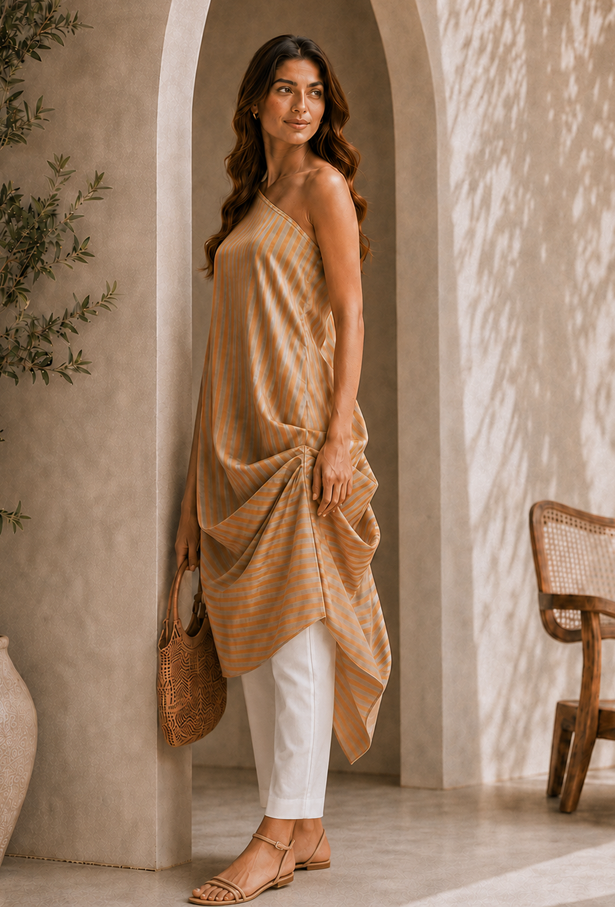 Set of 2: Golden Beige Striped Tissue Silk Draped Tunic with Soft White Chanderi Pants クルタ XXXL・パンツ XXXL