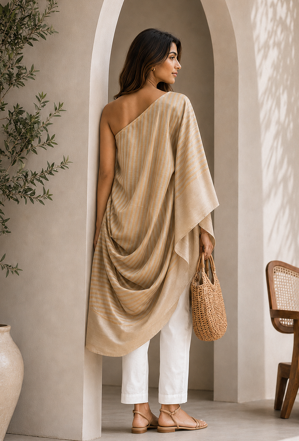 Set of 2: Golden Beige Striped Tissue Silk Draped Tunic with Soft White Chanderi Pants クルタ XXXL・パンツ XL