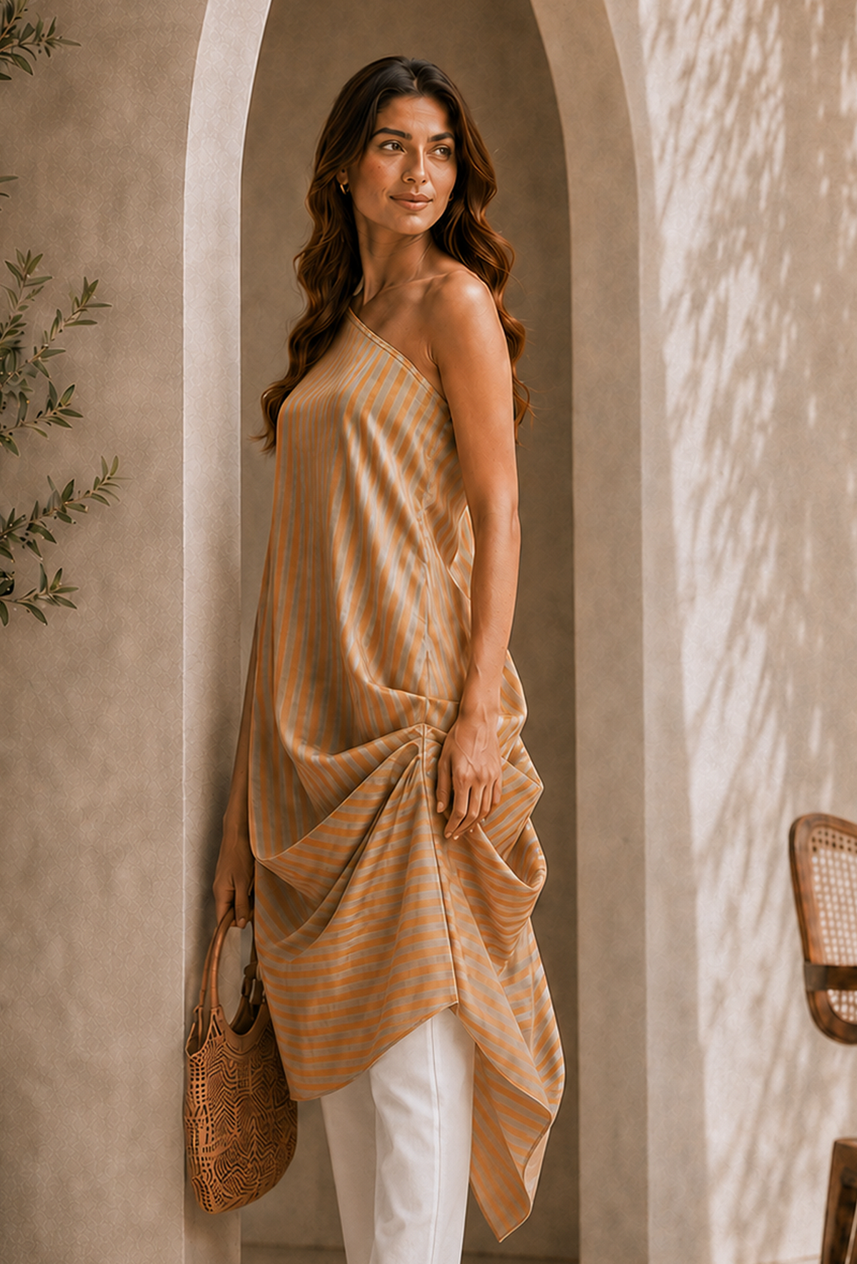 Golden Beige Striped Tissue Silk Draped Tunic サイズ XS