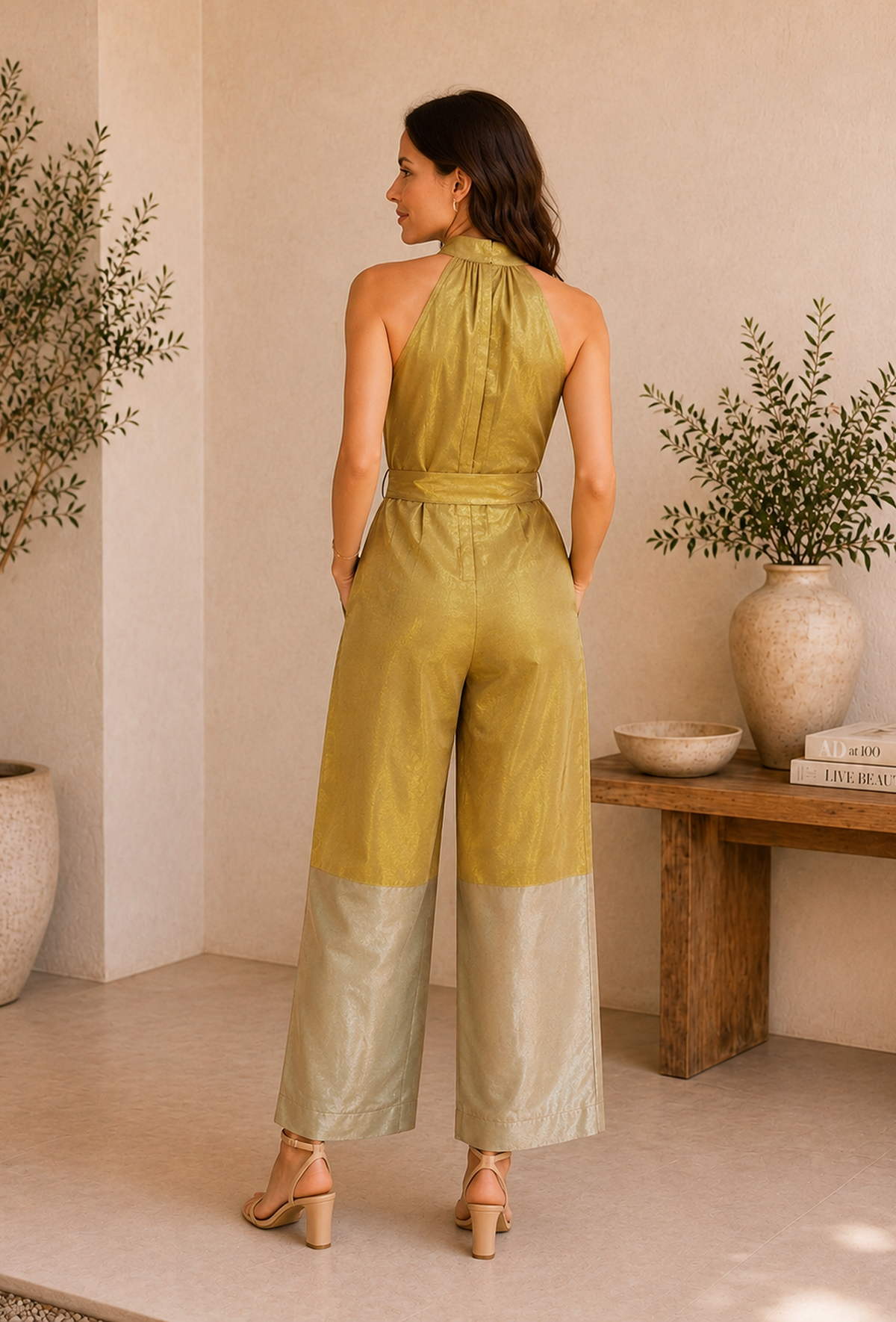 Golden Textured Halter Neck Tissue Silk Jumpsuit With Belt サイズ XL