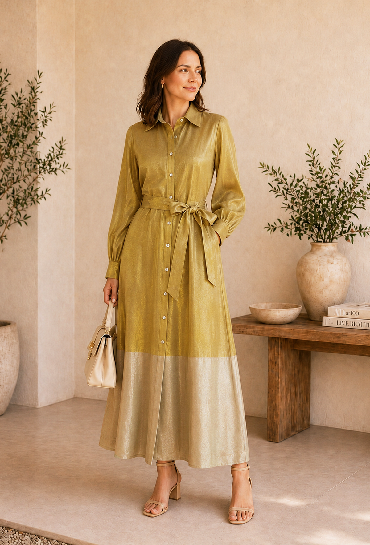 Golden & Beige Collar Button-Down Tissue Silk Dress With Belt サイズ XXL