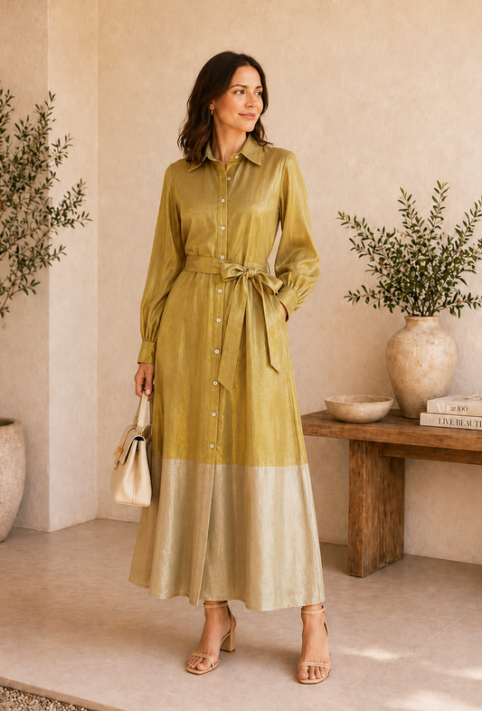 Golden & Beige Collar Button-Down Tissue Silk Dress With Belt サイズ M