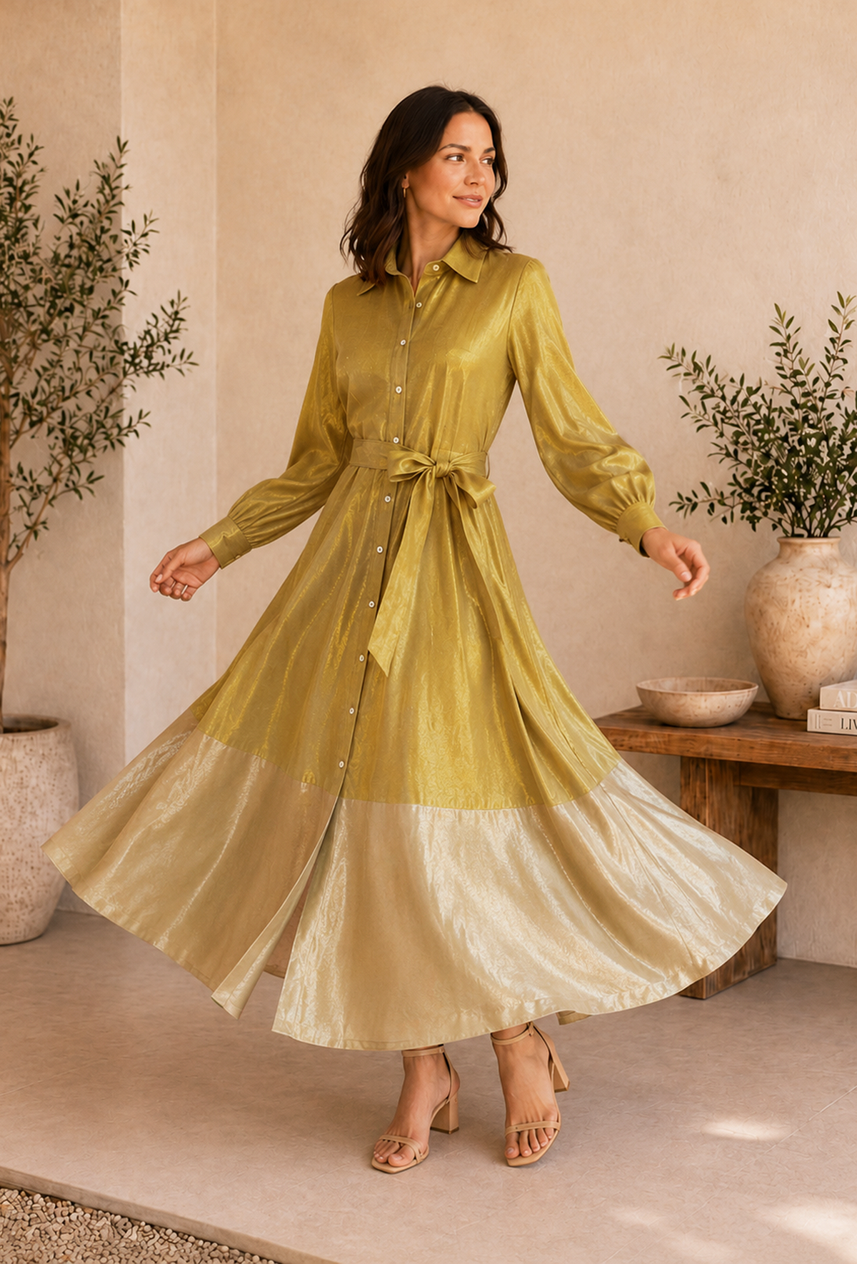 Golden & Beige Collar Button-Down Tissue Silk Dress With Belt サイズ L