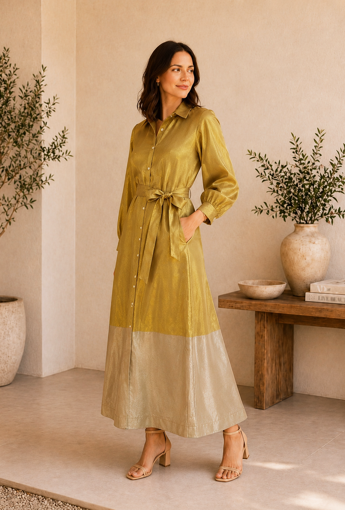 Golden & Beige Collar Button-Down Tissue Silk Dress With Belt サイズ M