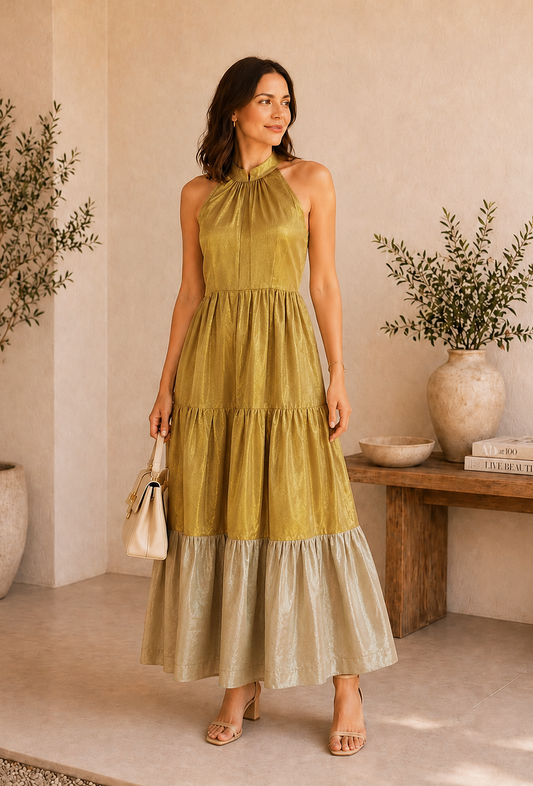 Golden & Beige Tissue Silk Tiered Halter Maxi Dress サイズ M