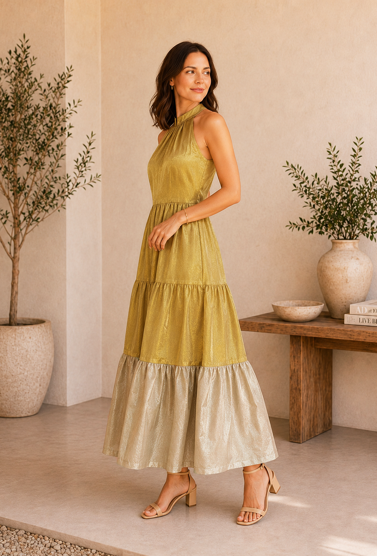 Golden & Beige Tissue Silk Tiered Halter Maxi Dress サイズ XL