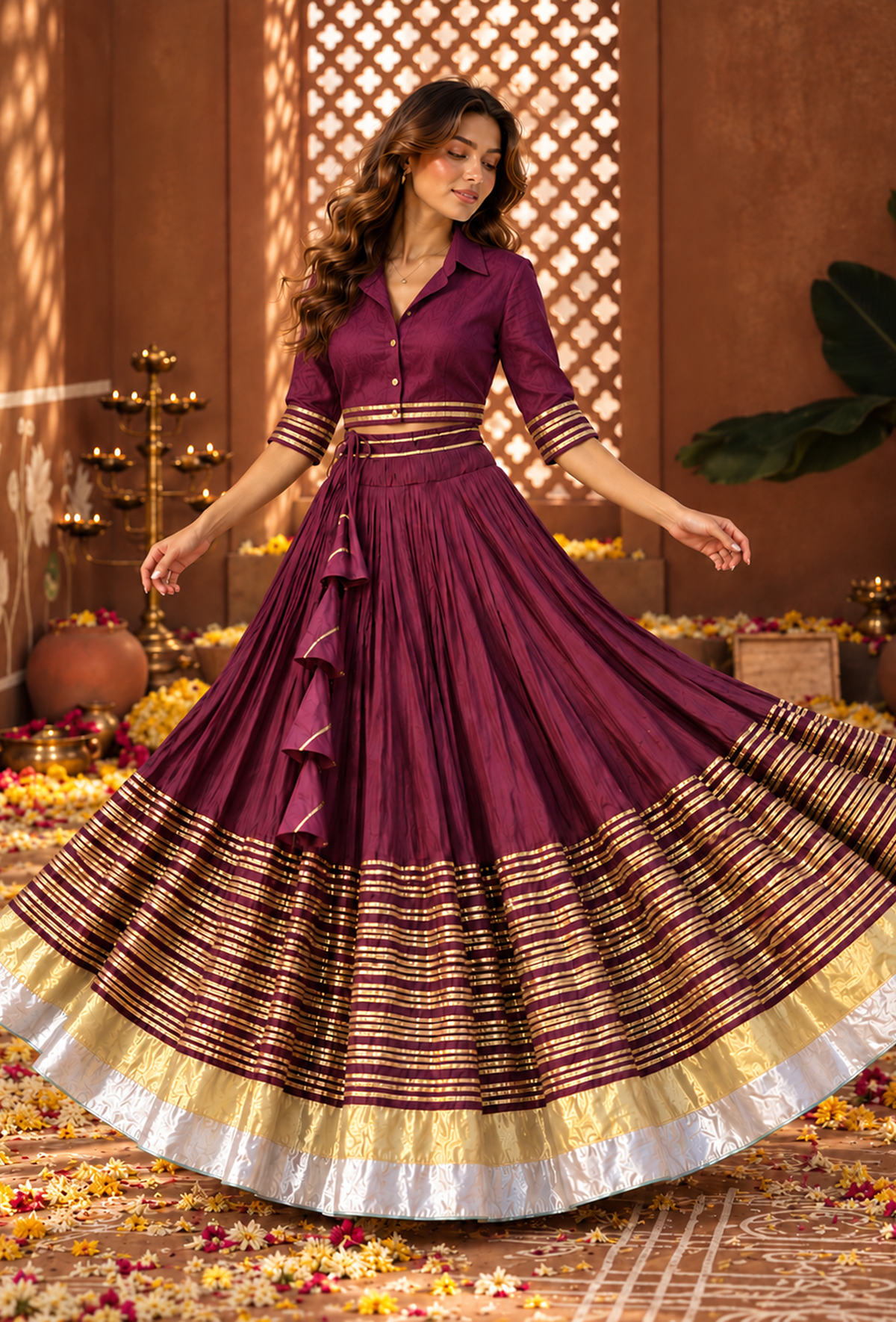 Wine Purple & Gold Gamthi Flared Skirt with Unstitched Blouse サイズ M