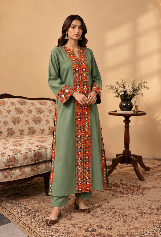 Set of 2: Sage Green Cashmilon Phiran & Pant with Kutch Embroidered Lace パンツ M