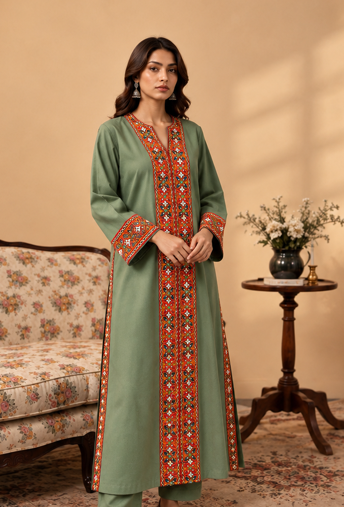 Sage Green Cashmilon Phiran with Kutch Embroidered Lace Detailing サイズ フリーサイズ