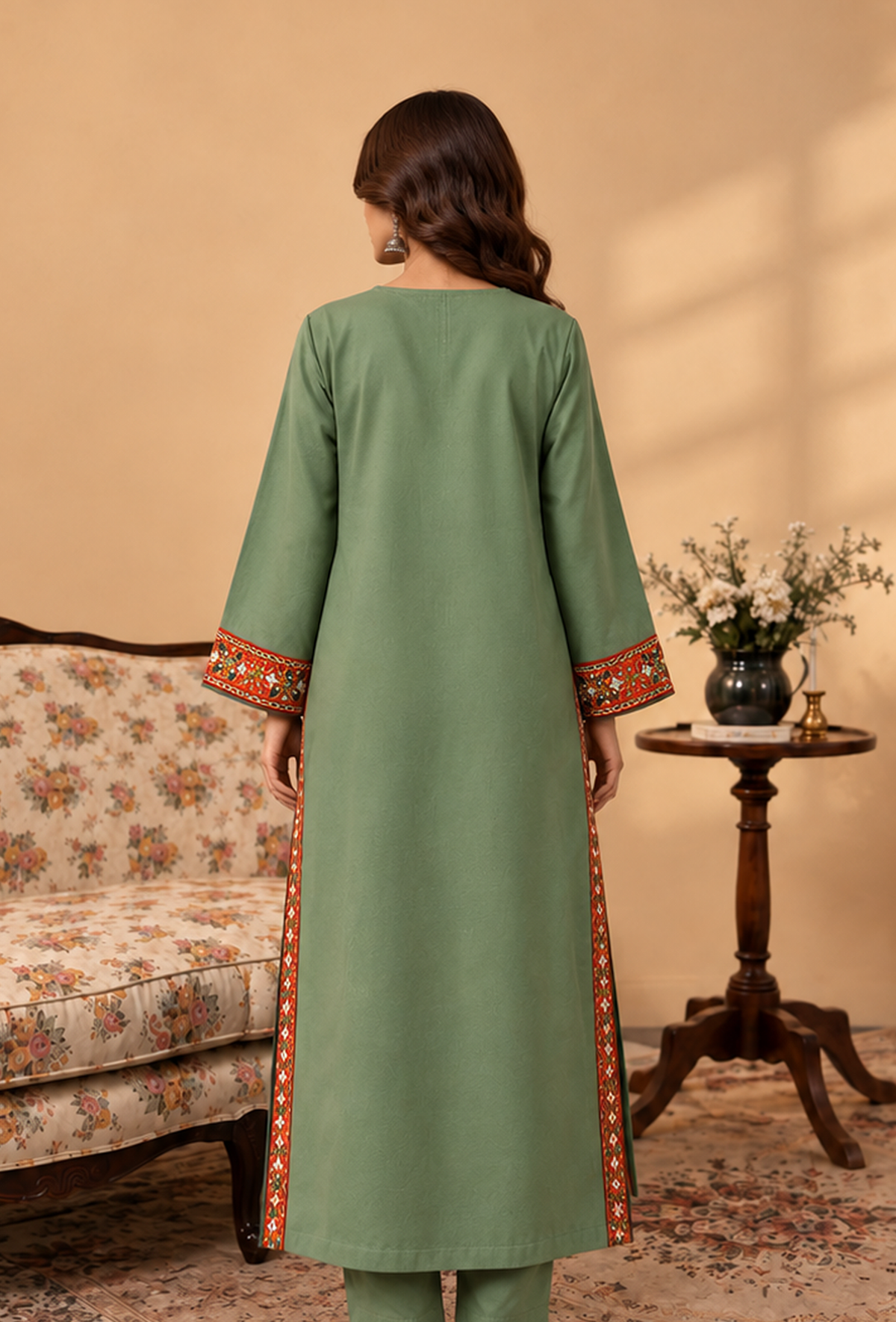 Sage Green Cashmilon Phiran with Kutch Embroidered Lace Detailing サイズ フリーサイズ