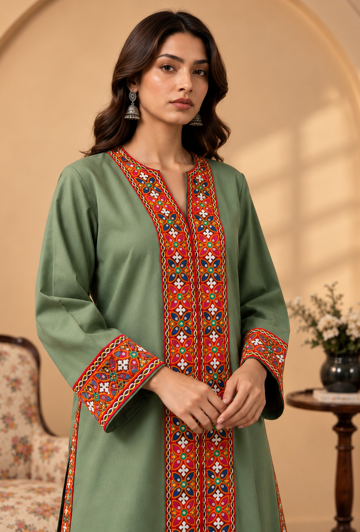 Sage Green Cashmilon Phiran with Kutch Embroidered Lace Detailing サイズ フリーサイズ