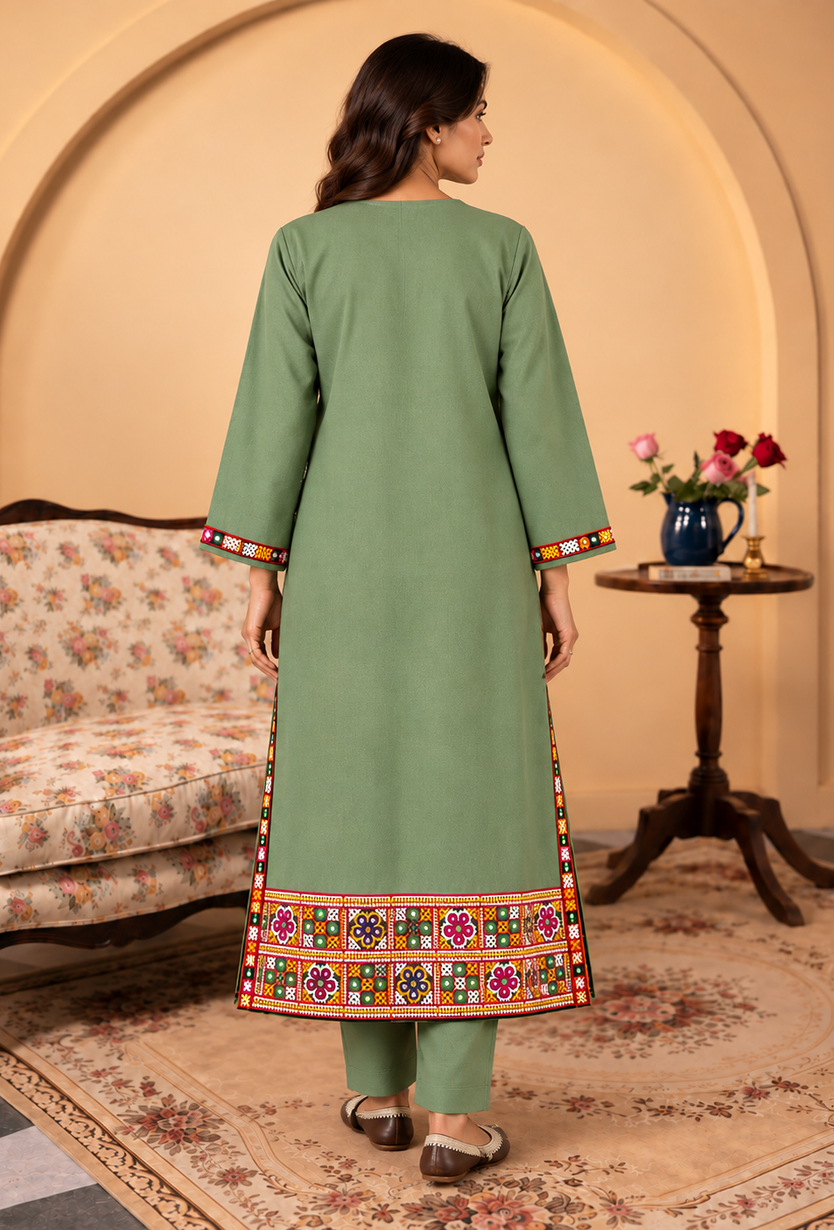 Set of 2: Sage Green Cashmilon Phiran & Pant with Kutch Embroidered Lace パンツ XS