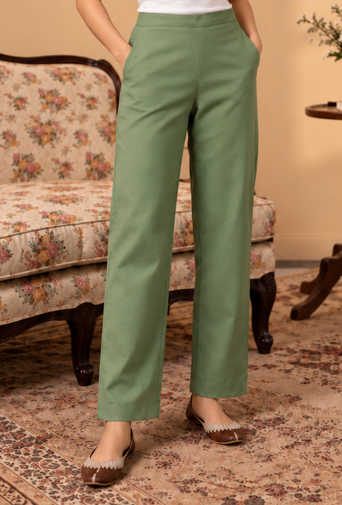 Set of 2: Sage Green Cashmilon Phiran & Pant with Kutch Embroidered Lace パンツ M